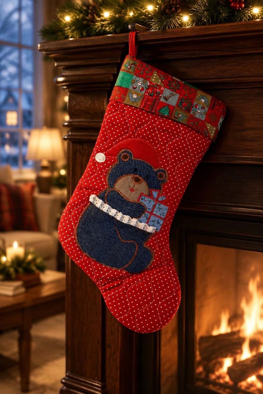 Vintage Avon Denim Bear Christmas Stocking